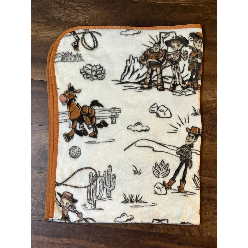 Vintage Disney Toy Story Woody's Roundup Plush Fleece Throw Blanket Orange Trim